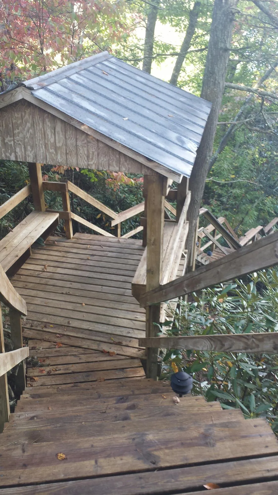 Metal roofed shelter over wooden steps on a wooded walkway — Skylight Repair & Installation work by our crew in Thompsons